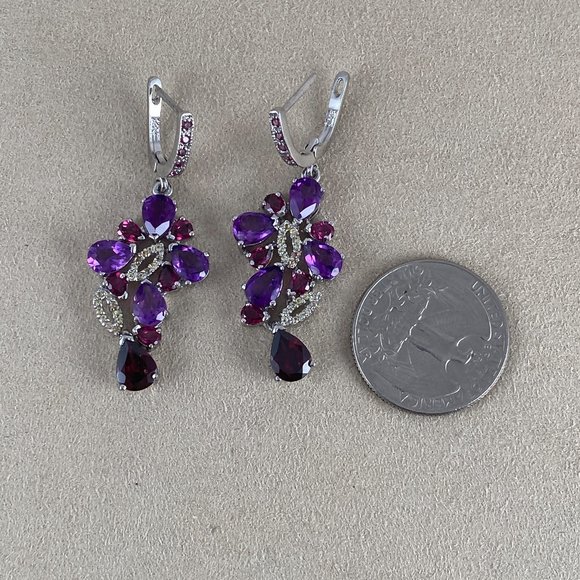 Stunning Rich Pear Faceted Red Rhodolite Garnet & Amethyst Drop Earrings - Picture 4 of 8